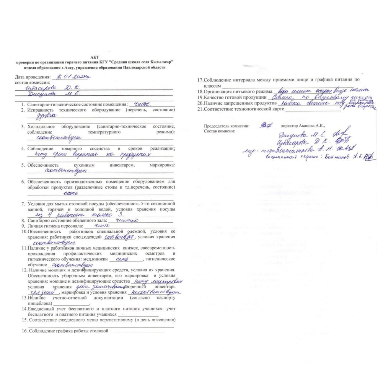 Акт проверки столовой бракеражной комисс ией 16.01.2024